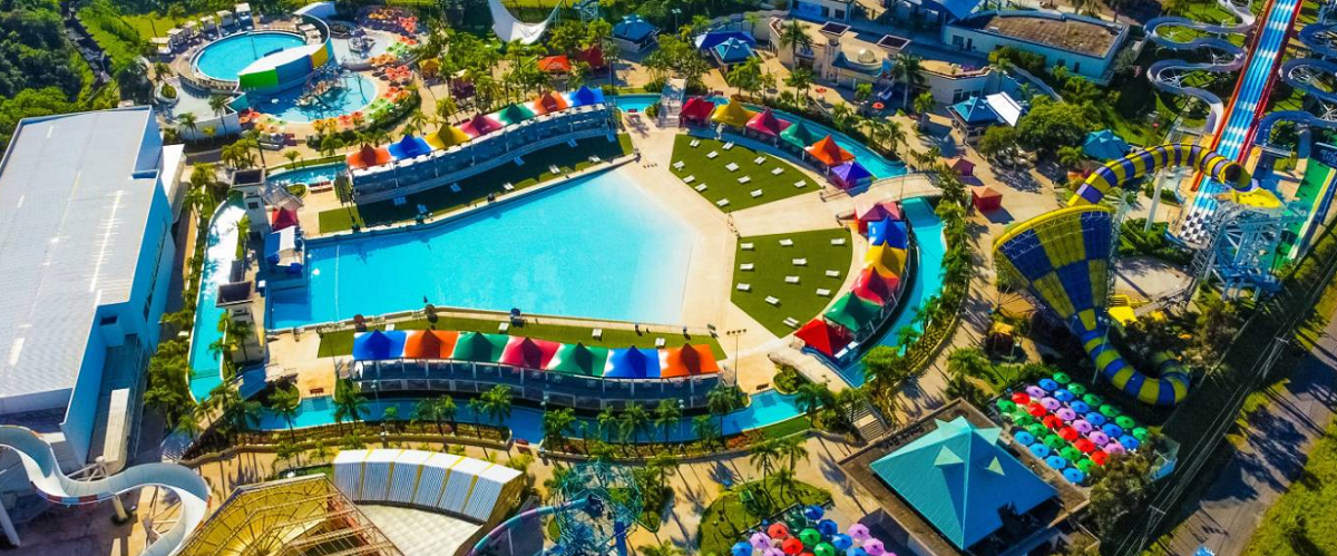 Vista panorâmica do parque aquático Wet’n Wild em Itupeva, com piscinas, toboáguas coloridos e áreas de lazer rodeadas por vegetação